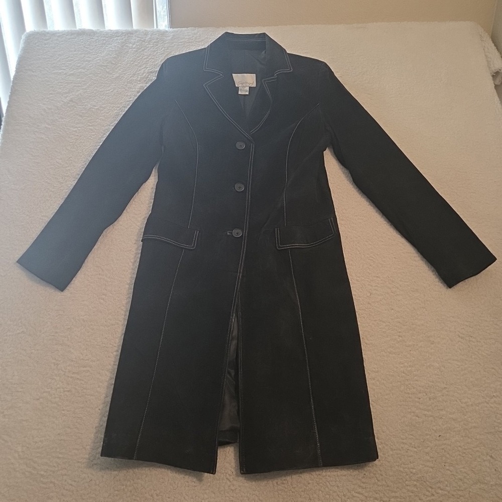 Vintage Spiegel 100% Leather Black Long Coat‎ Western Pockets Women Size 8